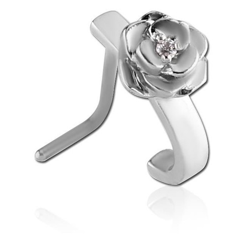 316L Surgical Steel L Bend Nose Stud Ring Rose Flower CZ Nose Hugger Gauge 20G - Picture 4 of 7