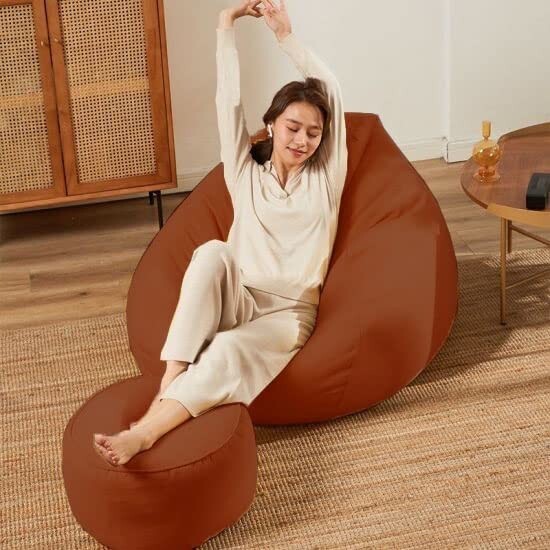 Tan Bean Bag chair sofa Cover with Footrest Without Beans Faux