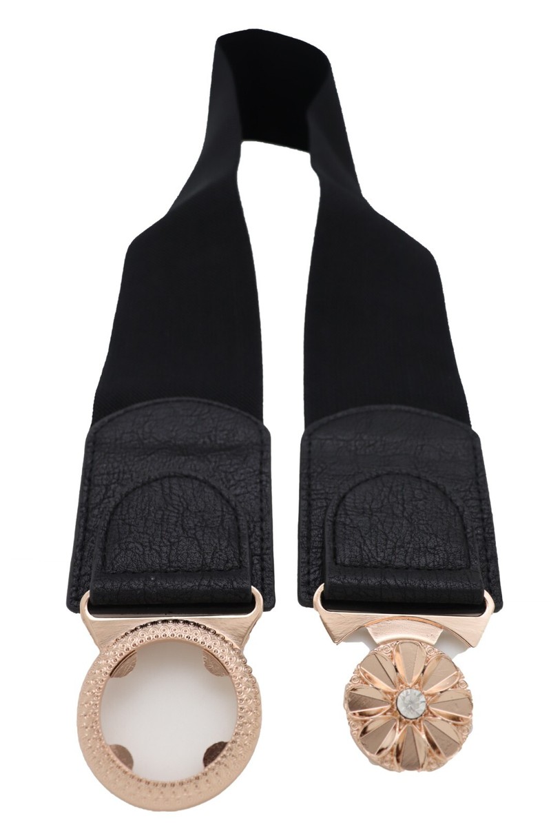 Women Black Elastic Waistband Fashion Belt Gold Metal Flower  display picture 1