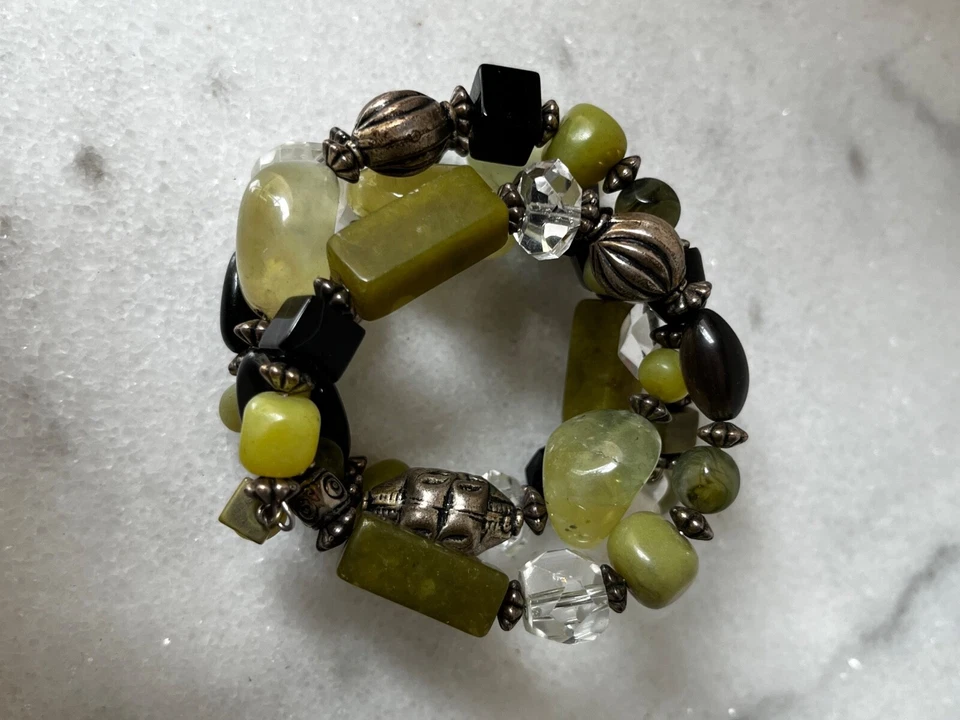 Coil Wire Wrap Bracelet Green Glass Peridot Stone Gold Metal Beads Artisan - Image 2 of 4