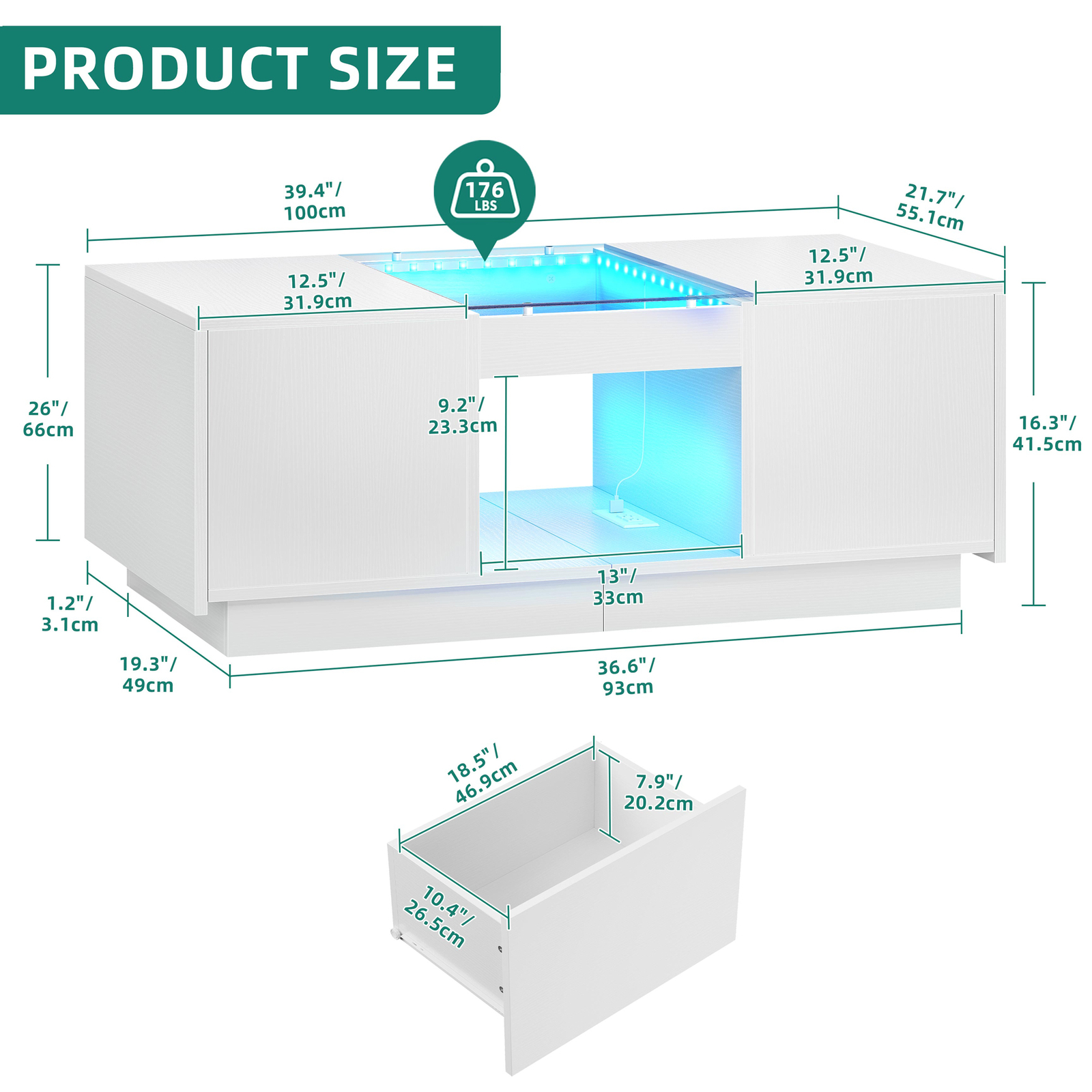 Modern LED Coffee Table with Power Outlets White 2 Drawers Living Room