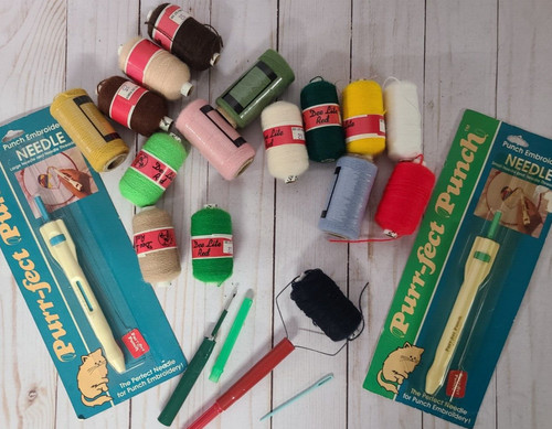 Vtg Lot Purr-fect Punch Embroidery Large Small Needles Threaders 16 Spools Yarn