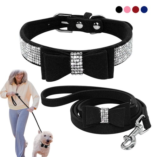 Bling Rhinestone Dog Collar & Lead Small Diamante Soft Suede Necklace