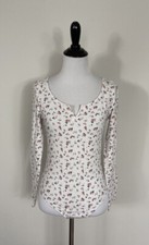 Victoria's Secret Pink Bodysuit S White Pink Floral Long Sleeve Split Neck