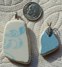2 LOVELY SEA GLASS BEACH POTTERY PENDANTS SURF TUMBLED  9 JEWELRY