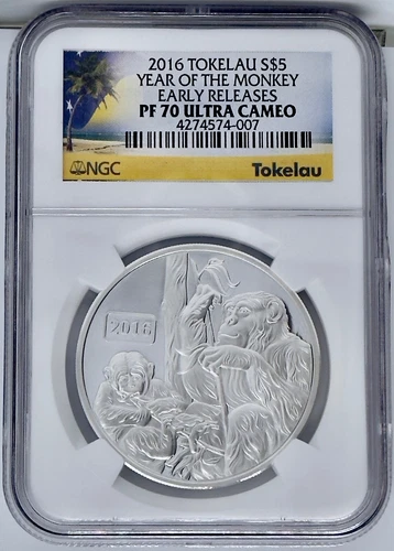 2016 $5 Tokelau Year Of The Monkey Silver NGC PF70 UC Early Releases 1 Oz 999