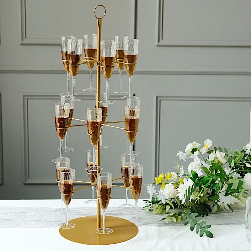 3-Tier Champagne Glass Holder Tower Gold - Modern Metal Flute Display Rack Cocktail Tree Stand For Pr | Wholesale Event Supplies by TableclothsFactory