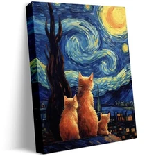 Van Gogh Starry Night Cat Wall Art Black Cat Poster Cat Floral Print Gift