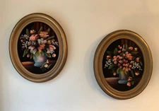 TWO OIL ON VELVET FLOWERS VASE OVAL FRAME STILL LIFE ARTIST AUDREY IRIS HEMPEN