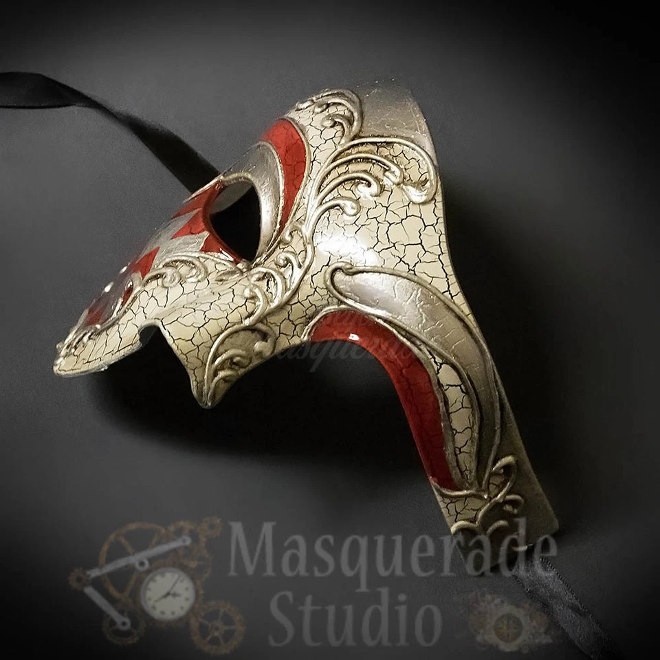 Mens Diamond Pattern Phantom of the Opera Venetian Masquerade Ball Mask [Red] - Image 3 of 4