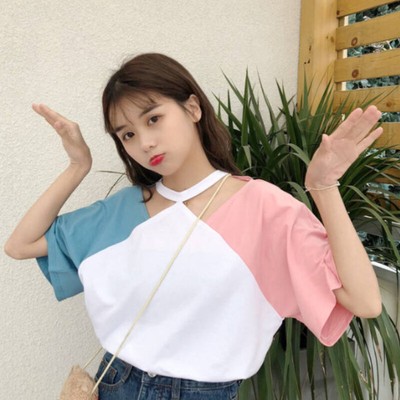 Lady Short Sleeve T Shirts Tee Tops Hollow Halter Pullover Japanese Sweet Basic