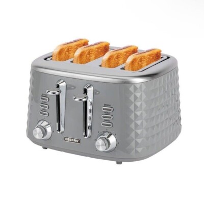 Geepas 4 Scheiben Brot Toaster, 7 Ebenen Bräunungskontrolle Krümelschublade strukturiert grau