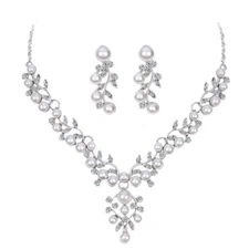 Pearl & Crystal Earrings and Necklace Set  Bridal Jewelry Set Bridesmaid Silver