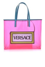 VERSACE 90's Vintage Logo Soft Tote Pink Clear Vinyl Blue Calfskin NWT