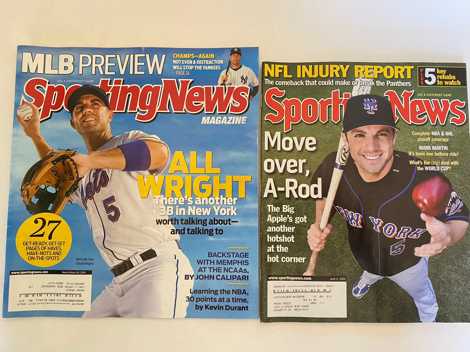 David Wright 2006/2009 Sporting News Magazine Baseball Lot(2) NY Mets MLB  W/L