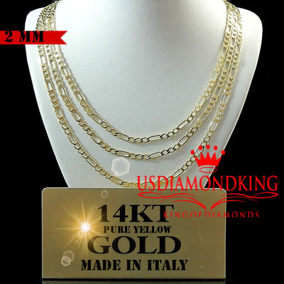 14K ECHTE MASSIVE GELB ITALIENISCHE GOLD FIGARO GLIEDERKETTE HALSKETTE 2 MM 18'' ~ 20'' dünn
