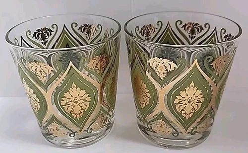 2 VTG  Pasinski MCM Barware Old Fashioned Glasses Avacado/Olive Green & 22K Gold