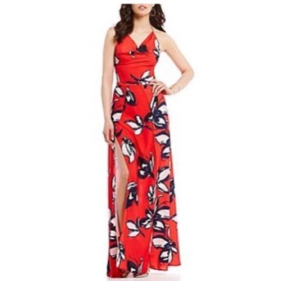 Stylestalker Revolve Harley Maxi Halter Dress Red Floral Slit Open Back XS  S | eBay