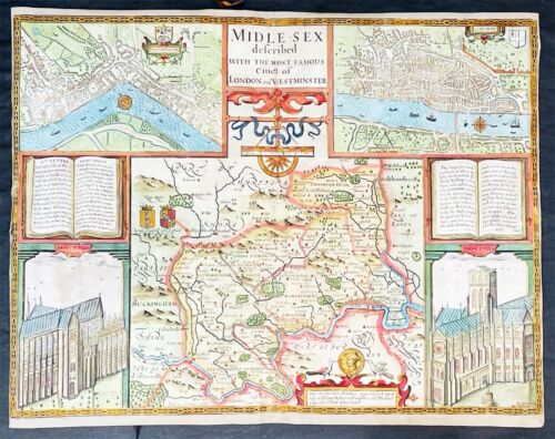 1676 John Speed carte antique du comté de Midlesex vues Londres et Westminster - Photo 1 sur 7