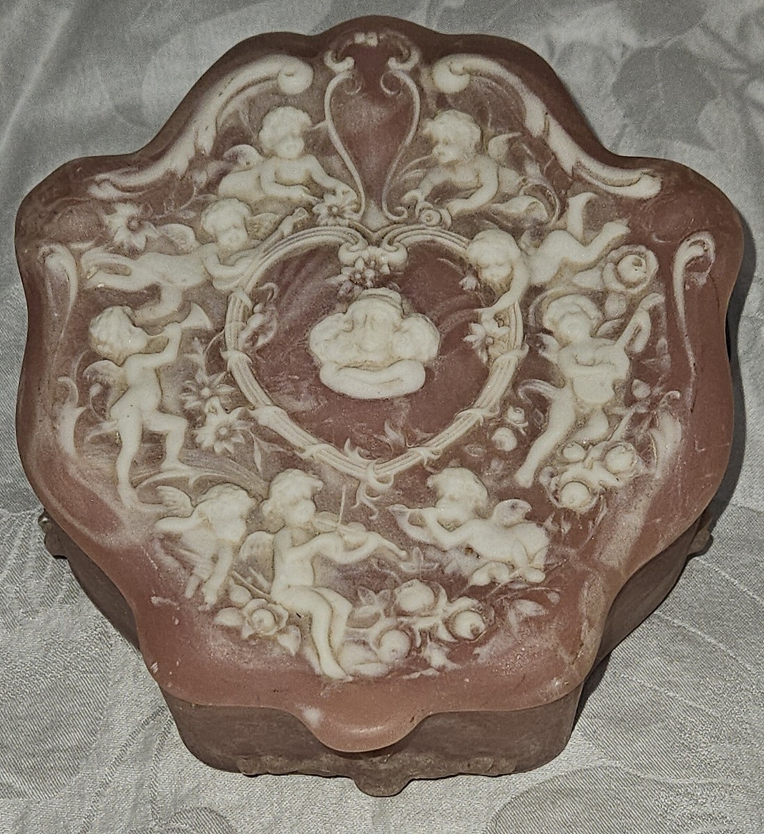 Vintage Genuine Incolay Stone Jewelry Trinket Box Cherubs