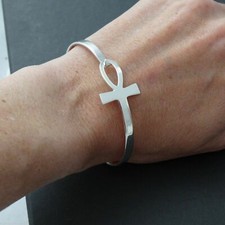 Sideways Ankh Bangle Bracelet - 925 Sterling Silver Egyptian Breath of Life 