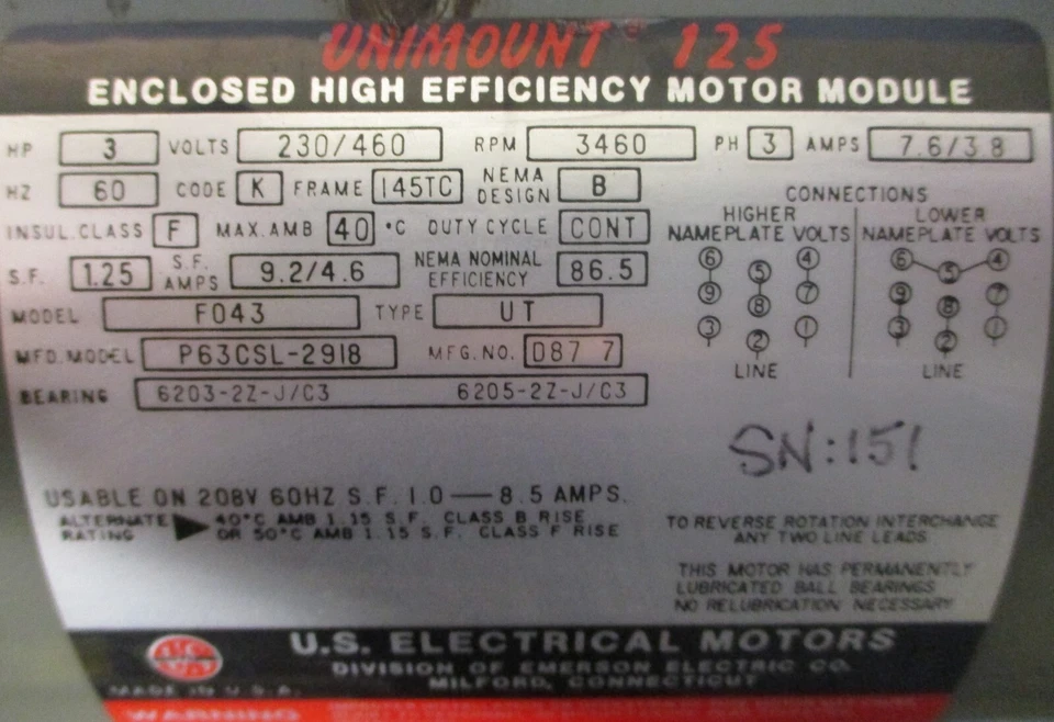 US Motors P63CSL-2918 Unimount 125 High Efficiency Motor F043 3HP 7/8" Shaft - Image 4 of 4