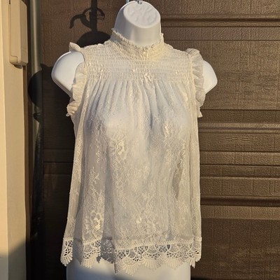 White Floral Lace Smocked Mock Neck Ruffle Top Fairycore Whimsical Sheer Blouse