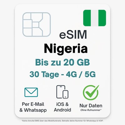 Nigeria eSIM Datentarif digitale e SIM - per Mail- ohne Telefon Nummer