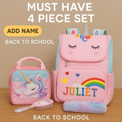 Unicorn Backpack Set Personalized w/Name School Bag Lunch Box Pencil Case, Brush