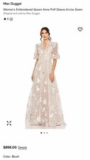 Mac Duggal Embroidered Queen Anne Puff Sleeve A-Line Gown–Worn Once–Altered Hem