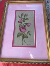 Roses Needlepoint Framed  Double Mats Cross Stitch Vintage