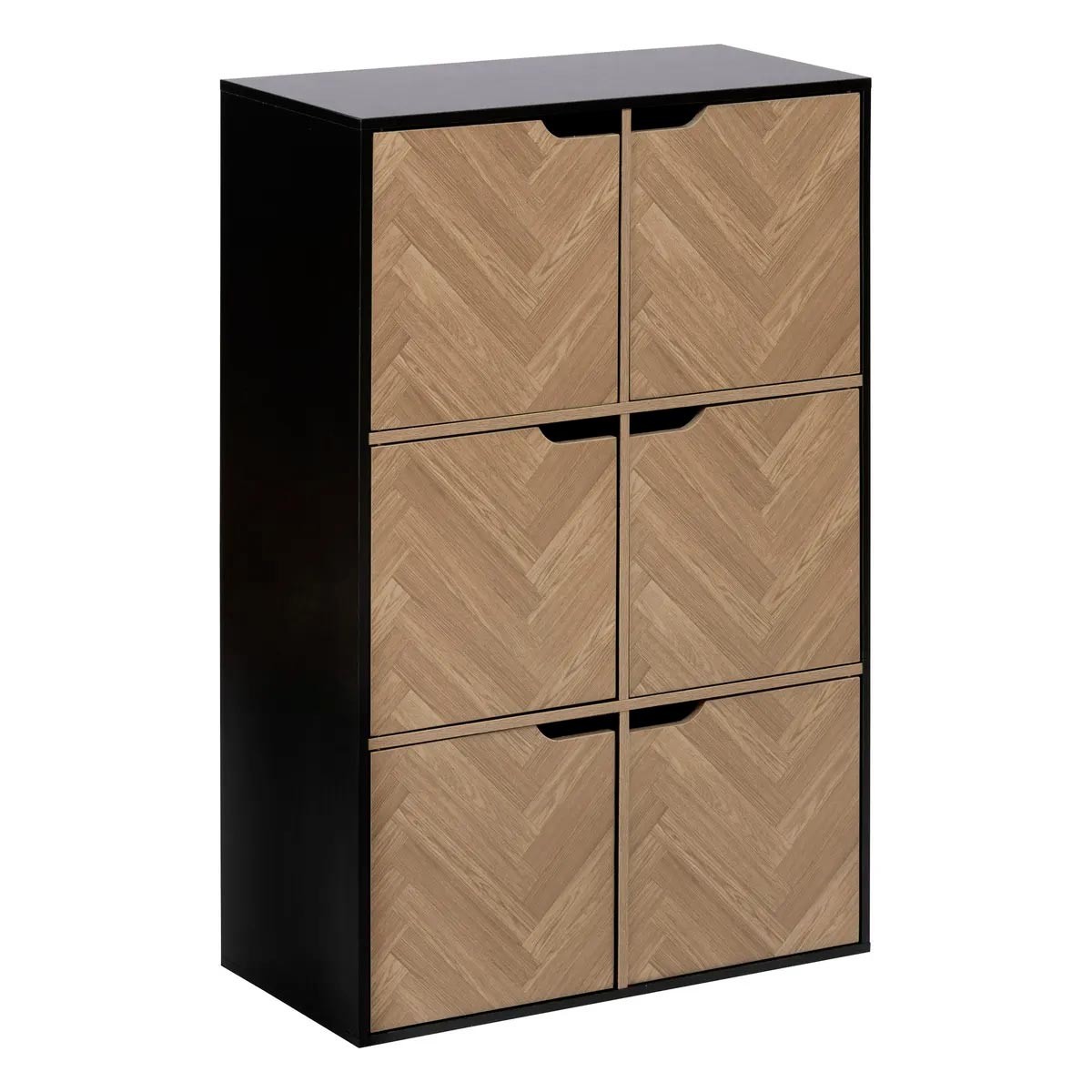 Étagère 6 cases Chevrons meuble de rangement bois et noir pour salon et chambre
