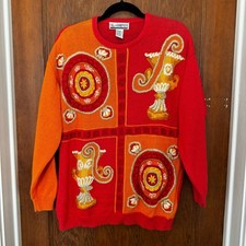 Vintage SK  Company Eccentric Embroidered Sweater Red Orange Gold M