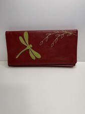 LAVISHY Red Embroidered Dragonfly Leaf Checkbook Wallet Folding ID Window Women