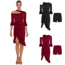 Womens Sets Ballroom Outfits Irregular Hem Dance Dress Salsa Latin Stage Tango
