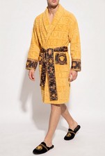 Versace Men's Baroque Monogram Bathrobe XL Yellow Navy Belted Dress