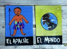 2 Tin Paintings Loteria Indian & World Hand Painted Mexican Folk Art Small Size