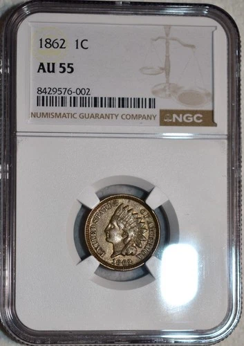 NGC AU-55 1862 Indian Head Cent, Richly Hued, Lustrous specimen.