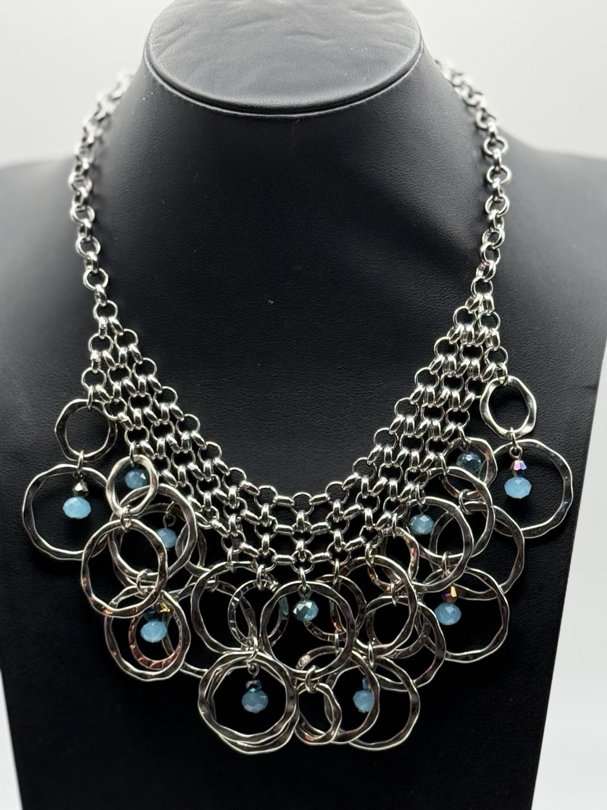 Silver Hammered Circle Link Bib Statement Necklac… - image 1