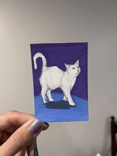 ACEO original painting Cat On Purple Background. Alli Cat Artistry.