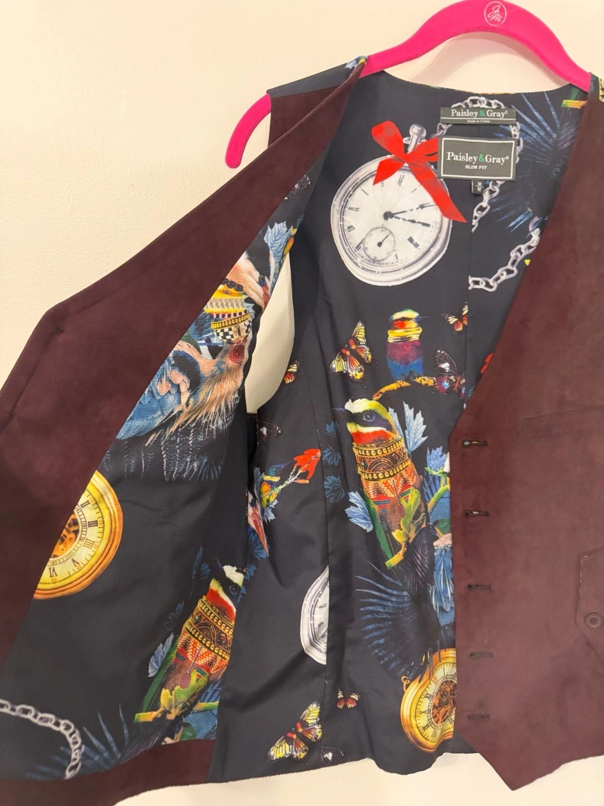 Paisley & Gray Mens M Slim Fit Vest Burgundy Faux Suede Pocket Watch Bird Print image 4