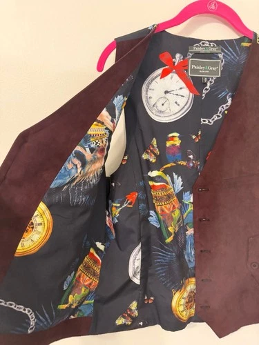 Paisley & Gray Mens M Slim Fit Vest Burgundy Faux Suede Pocket Watch Bird Print image 4
