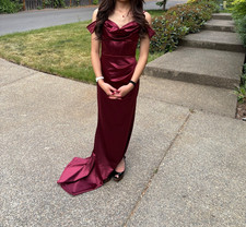 Windsor Trista Cold Shoulder Slit Satin Red Maroon Formal Prom Dress XS