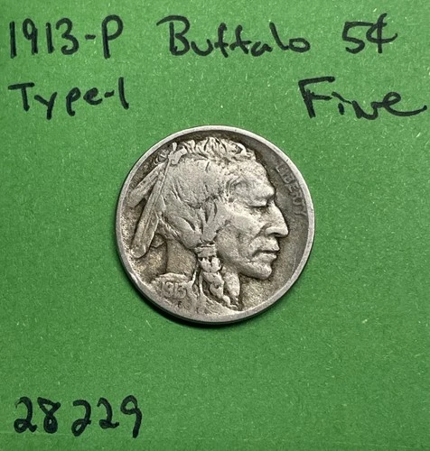 1913 P Buffalo 🦬 Indian Head Nickel 5c Fine Type - 1 T-1 US Coin