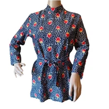 Vintage 60s 70s Mock Neck Top Tulips Floral Size S Hippie Mod Flower Power