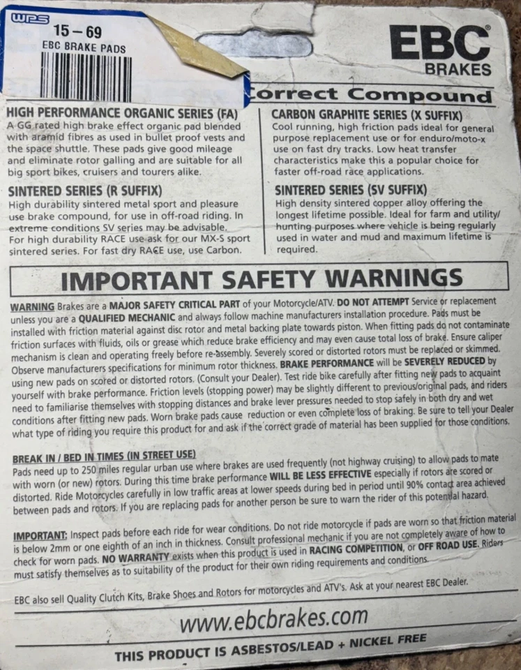 EBC CARBON BRAKE PADS HONDA MAGNA GOLDWING NIGHTHAWK SABRE 700 ASCOT INTERCEPTOR - Image 3 of 4
