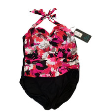 NWT AQUA GREEN WOMEN'S PINK/BLACK FLORAL RUCHED HALTER SWIMSUIT XL 16/18