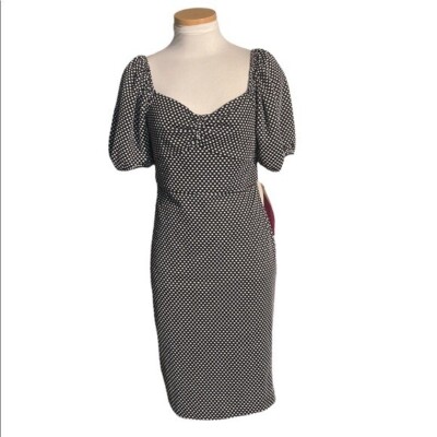 betsey johnson black polka dot dress White Puff Sleeve Size 6 Petite NWT Apricot Black Sequin Trim Custom Belts Women Style:plain bib