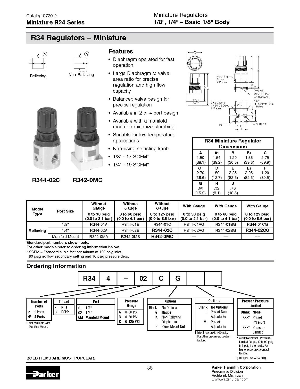Parker R344‑02BM035JX64 Mineature Regulator, 1/4" NPT, 35 psi, Viton, JX64