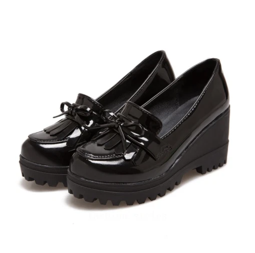 Женщин лакированная кожа без шнуровки на танкетке каблуки платформе туфли вечеринки мокасины бант насосы - Изображение 2 из 4